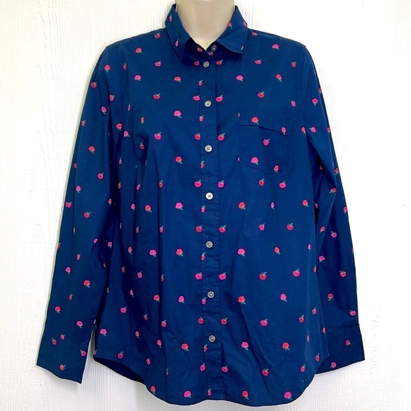 J.Crew - Apple Print Navy Poplin Button Down Long Sleeve Blouse Size Small - Picture 2 of 10